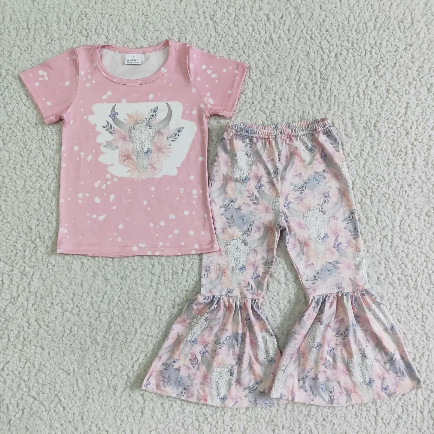 promotion RTS pink top flower cow print bell bottom pants summer girl outfit 0614