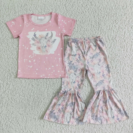 promotion RTS pink top flower cow print bell bottom pants summer girl outfit 0614