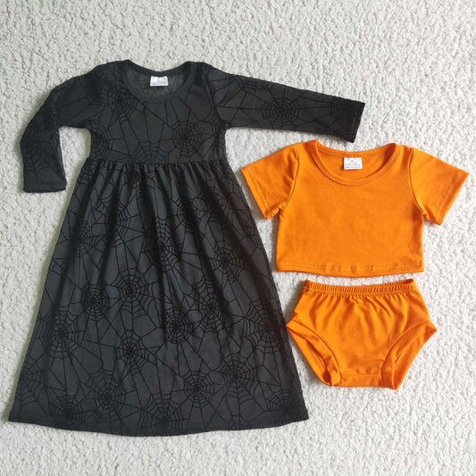 GBO0060 tulle black orange long sleeve spider web halloween gauzy girl outfit 20230516 rts