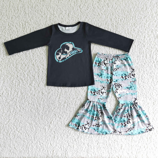 RTS black blue cow hat pattern long sleeves bell bottom pants girl outfit 0609