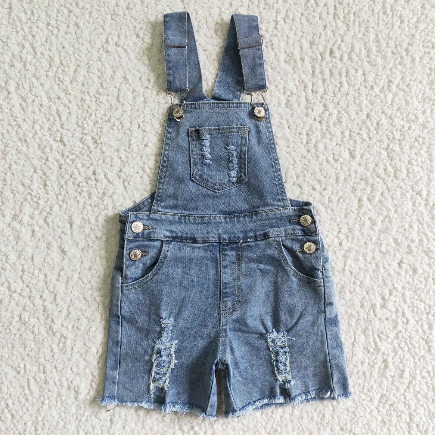 RTS pocket button double ruffles blue denim suspender shorts 0518