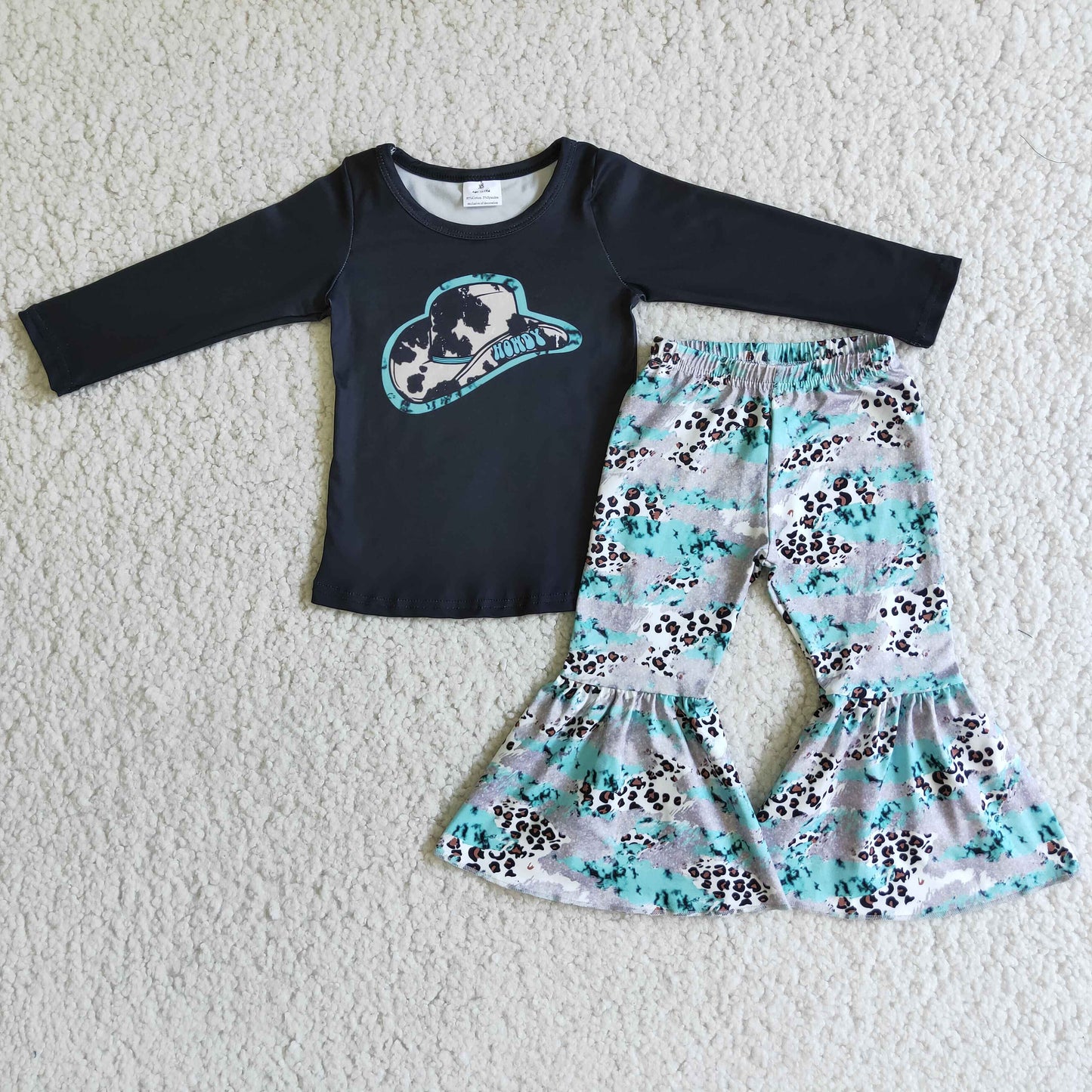 promotion RTS 6C9-34 black blue hat long sleeve bell bottom pant girl outfit 202501