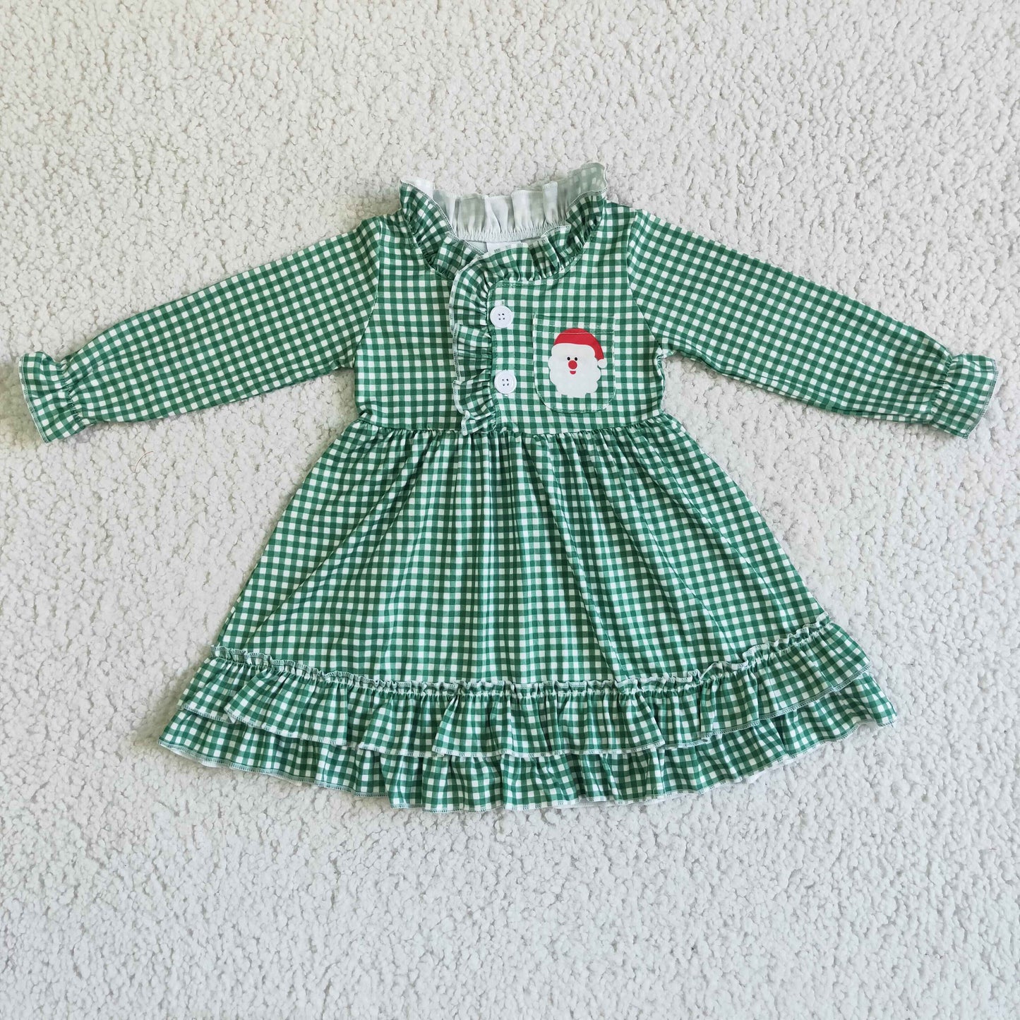 6 C10-7 Christmas girl cute santa pocket cartoon green plaid lace long sleeve dress 20230628 RTS