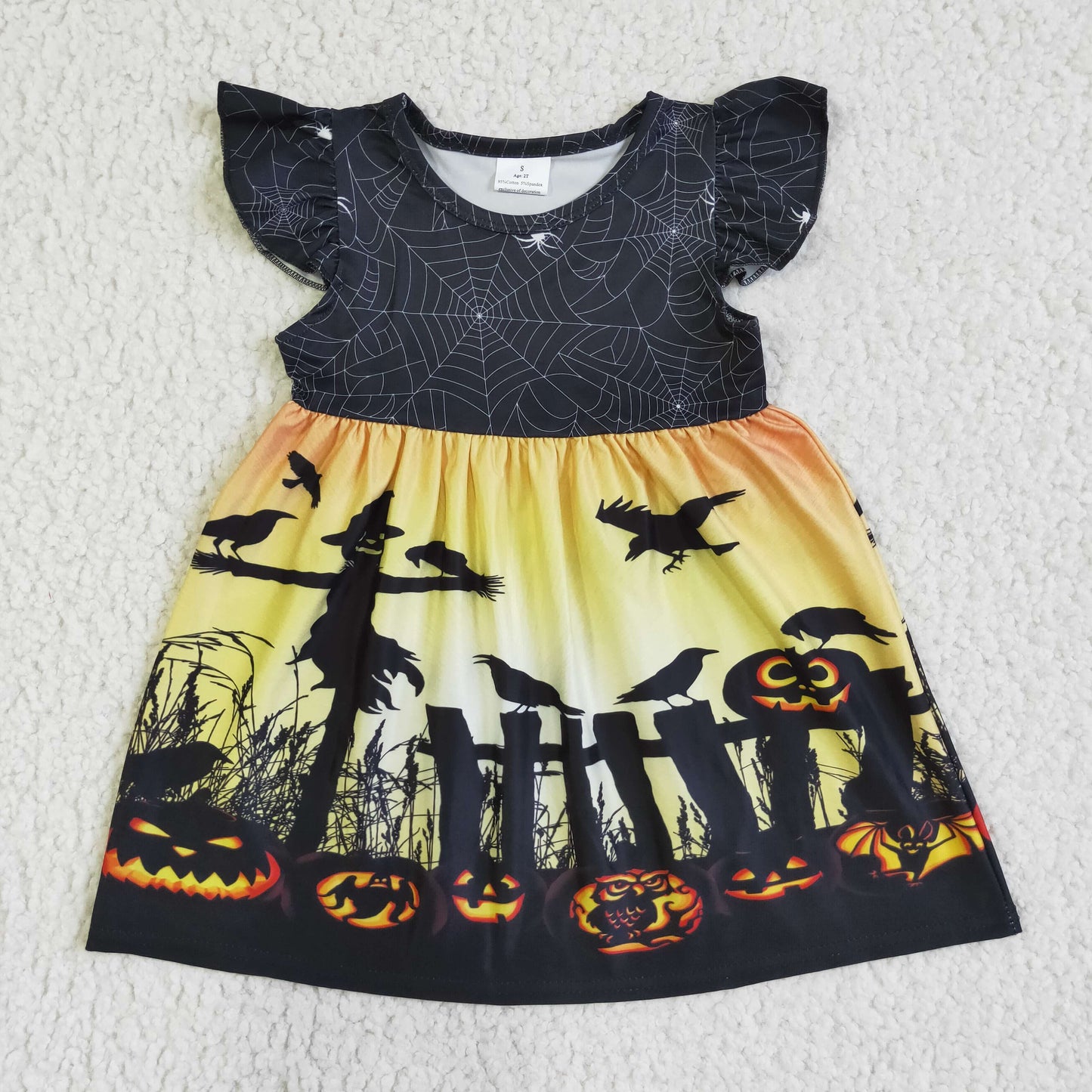 RTS 0819 print bat net orange pumpkin black puffysleeve girl dress