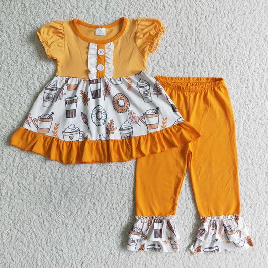 Promotion RTS GSPO0123  short sleeve halloween orange pumkin coffee cake donut food girl outfit 0718