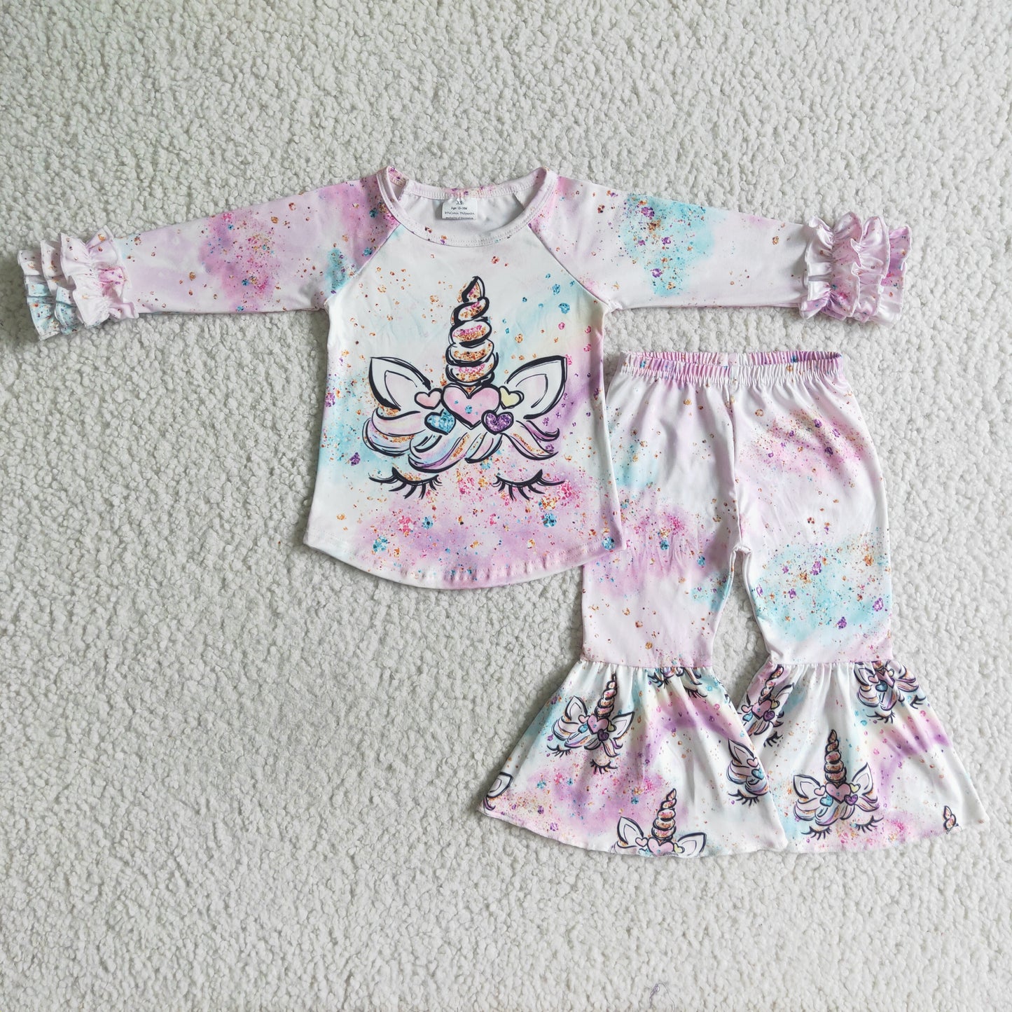 promotion 6 B3-16 unicorn Pink white ruffles purple long sleeve bell bottom pants girl outfit RTS