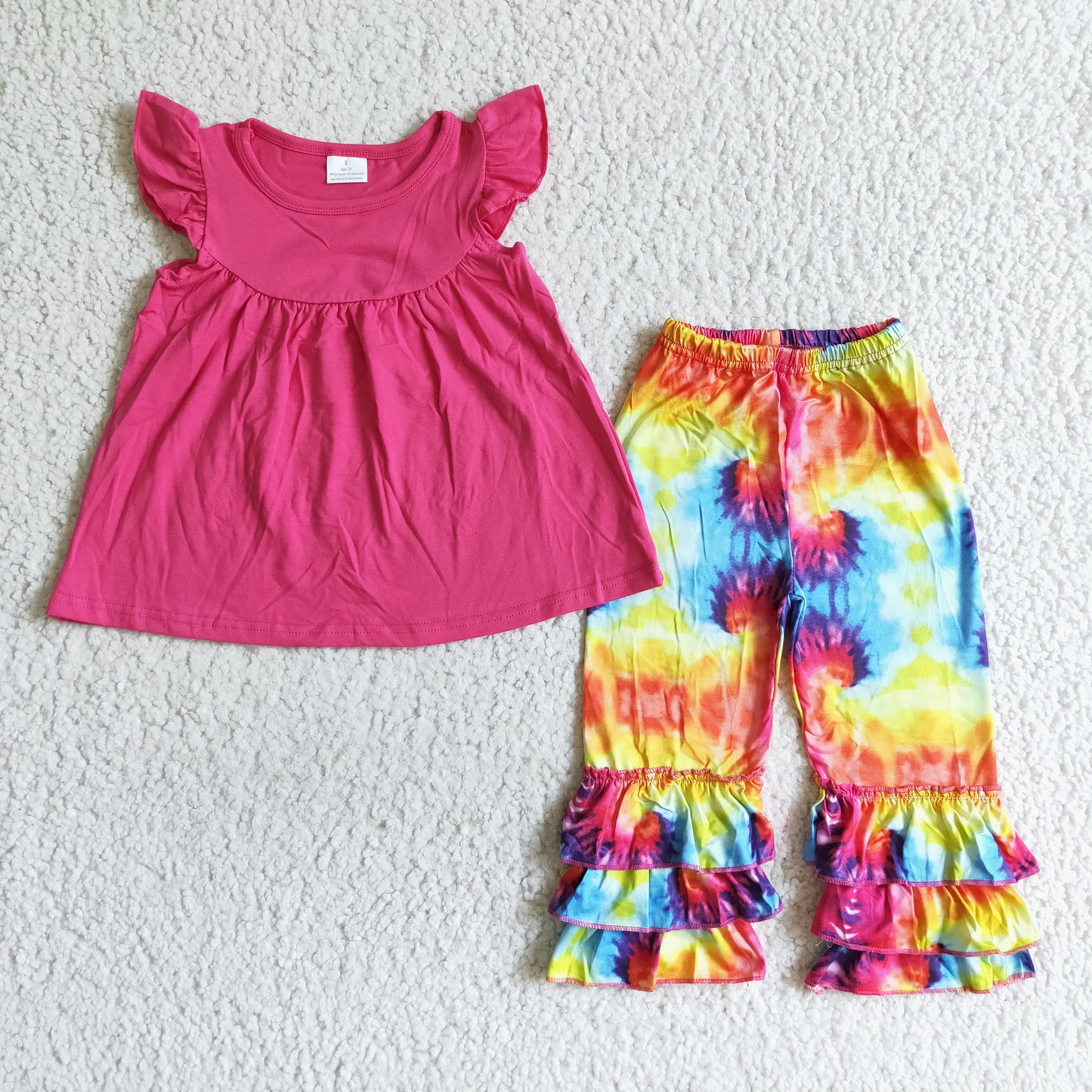 solid color pink floral short sleeve bell bottom pants girl outfits 0809 RTS