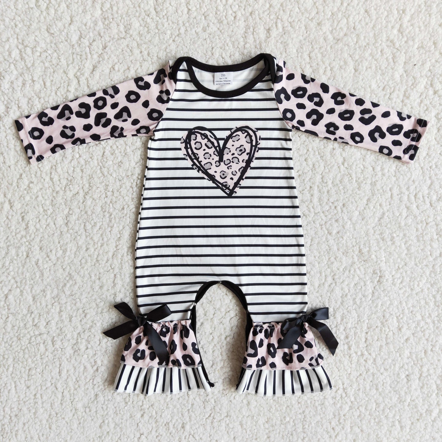 valentine black white stripe love black bow leopard print raglan girl long sleeve romper 0111 Jan