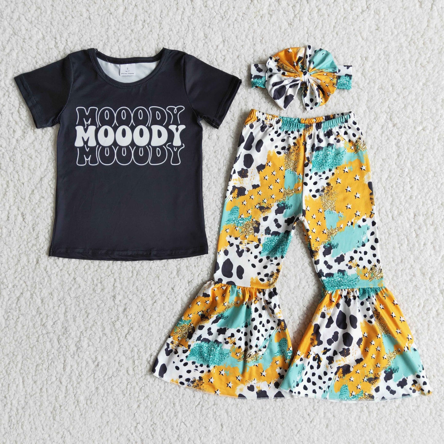 mooody letters cow print girl black short sleeve bell bottom bow headband 3pcs outfit