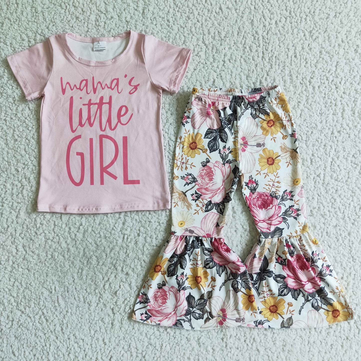 RTS 2pcs MAMA'S LITTLE GIRL pink short sleeve floral bell bottom girl outfits 0720