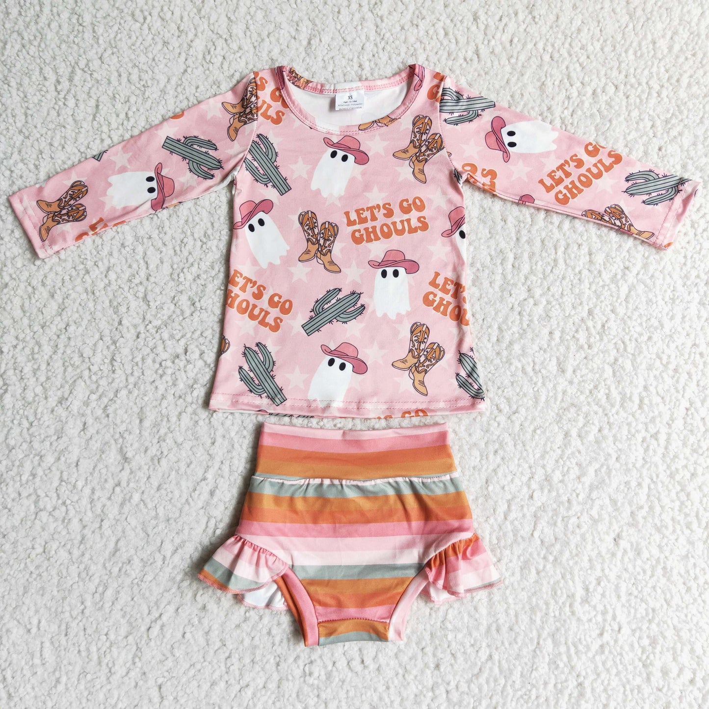 promotion 202409 GBO0053 RTS pink Halloween cactus boots long sleeve top girl clothes stripe bummies set