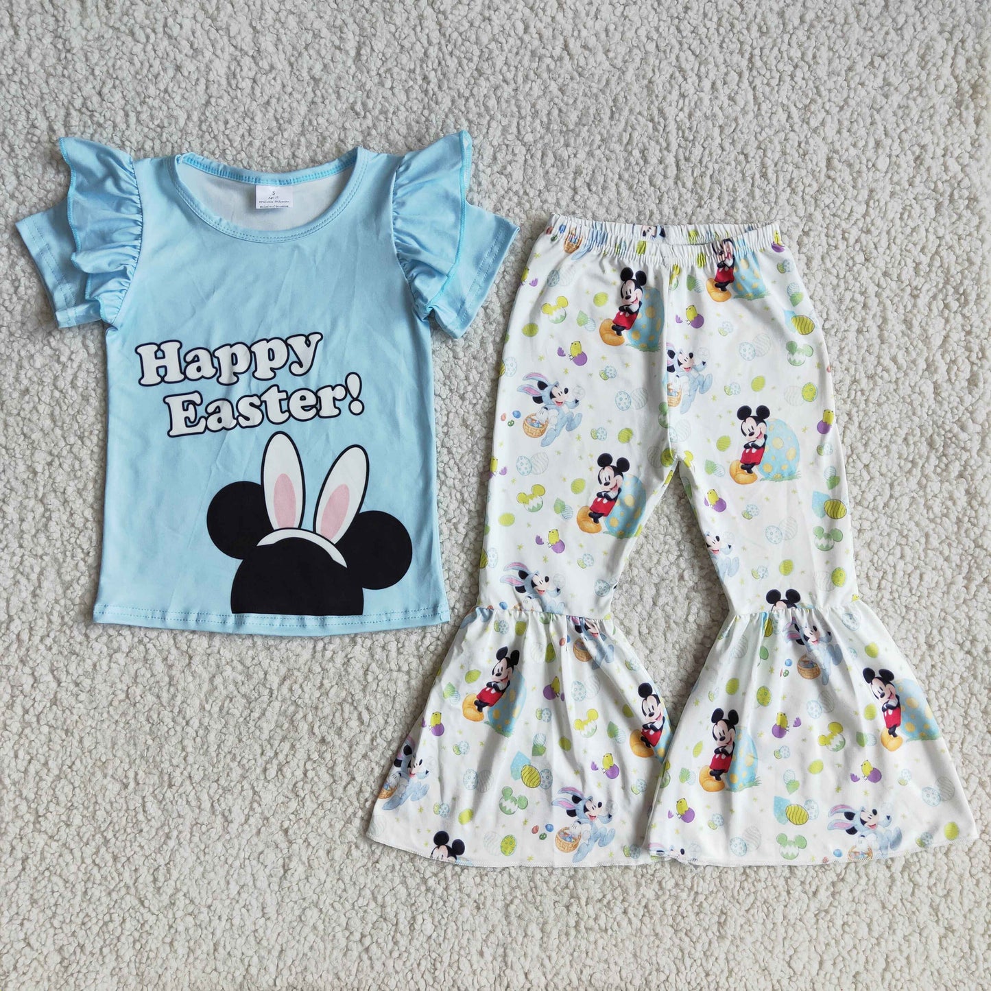 Promotion happy easter rabbit cartoon mouse egg ruffles blue short sleeve bell bottom pant outfit