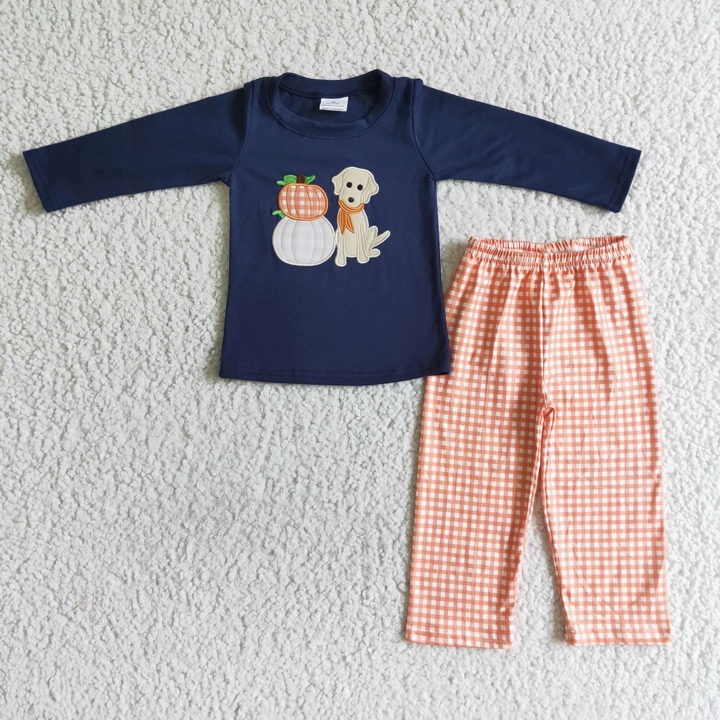 RTS BLP0038 blue long sleeve dog orange pumpkin embroidered Orange plaid pants boy outfit RTS 20230524