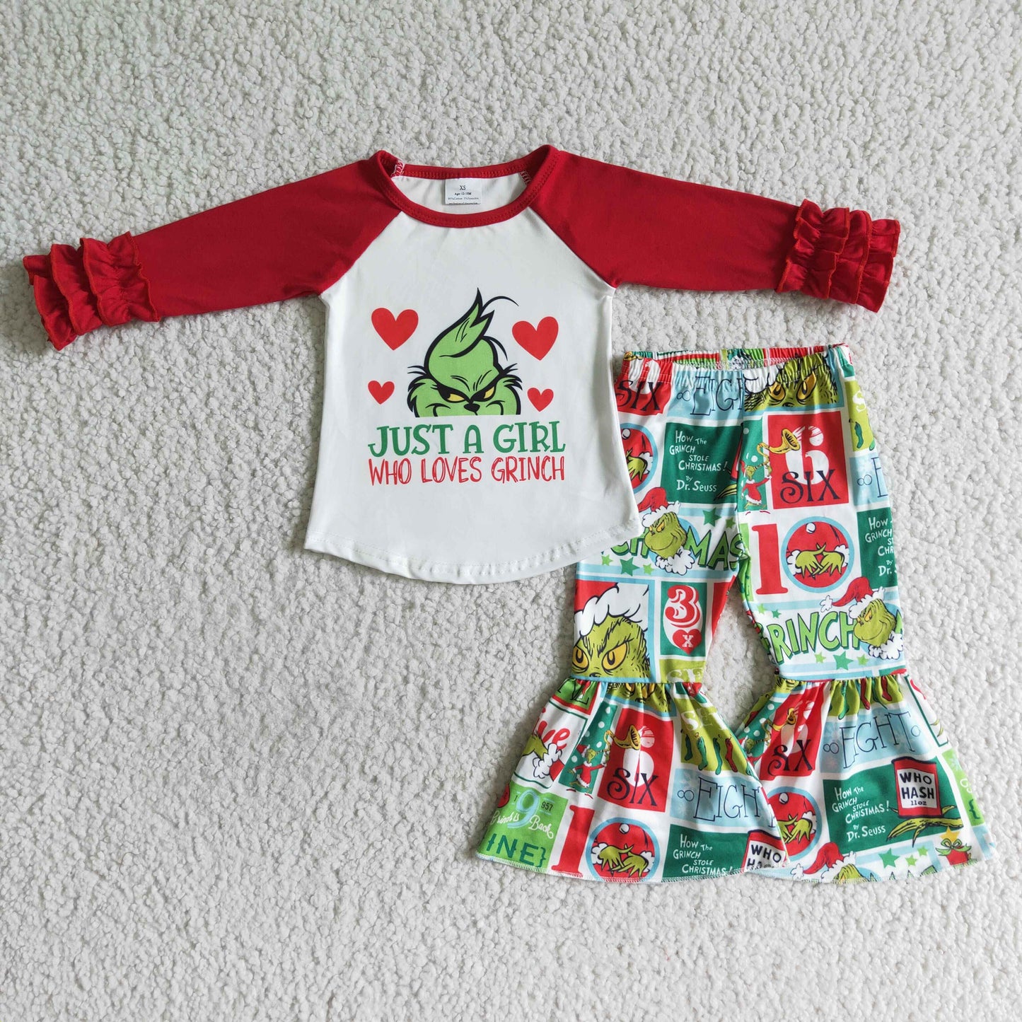RTS 0730 long ruffle sleeve green grin Christmas bell bottom pants girl outfit
