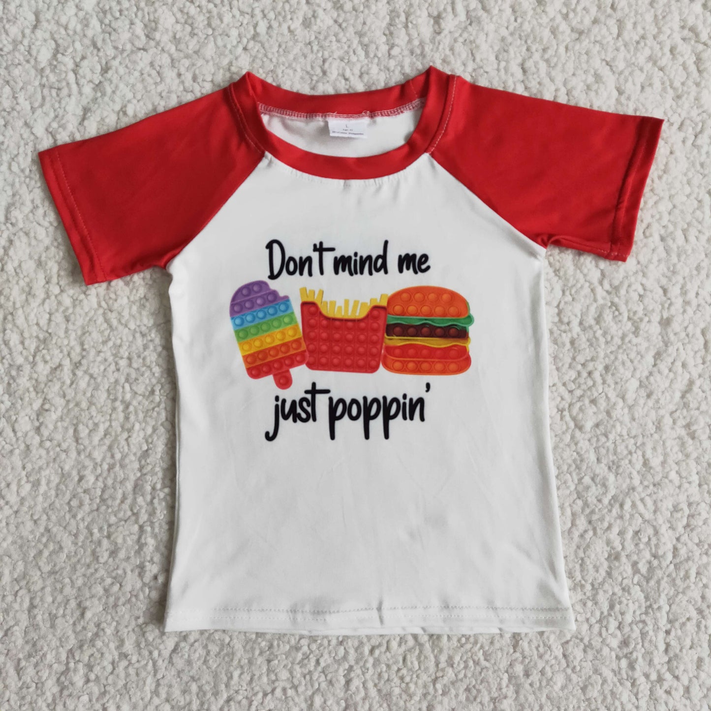 don't mind me just poppin letters ball food red raglan boy short sleeve top
