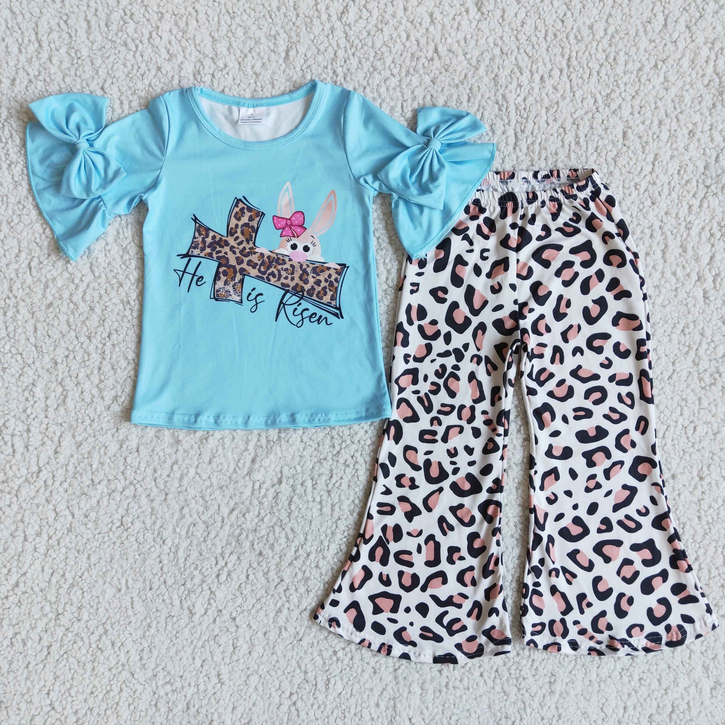 rabbit leopard cross blue bow short sleeve pant girl outfit
