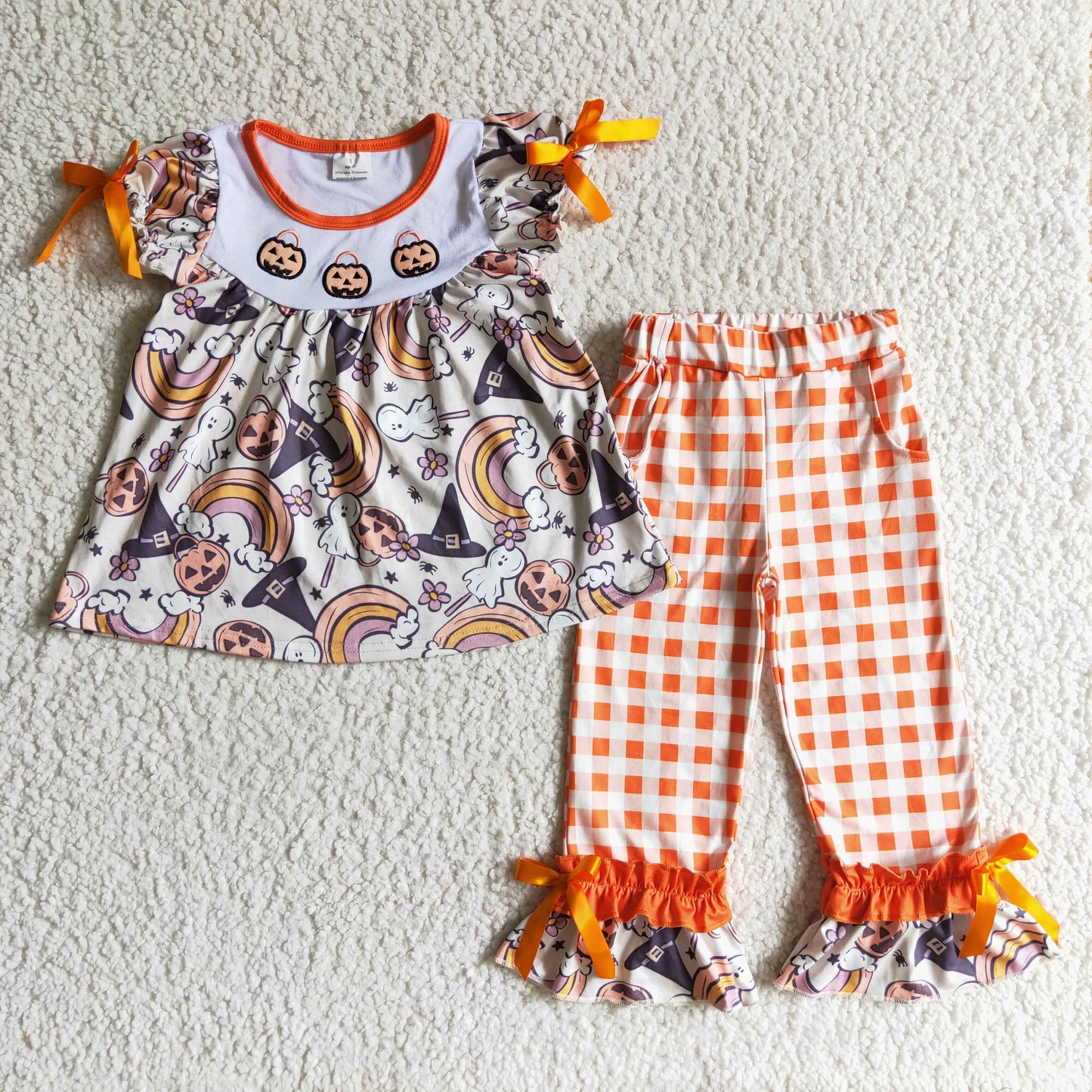 embroidery halloween pumpkin short bow sleeve plaid pants baby girl outfit 20230621 RTS