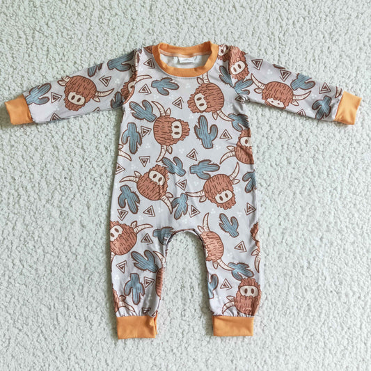 LR00 RTS howdy brown cow cactus long sleeve boy romper 0726
