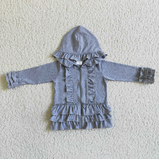 GT0015 grey Ruffle print zipper design hoodie loose kids coat 0815 RTS