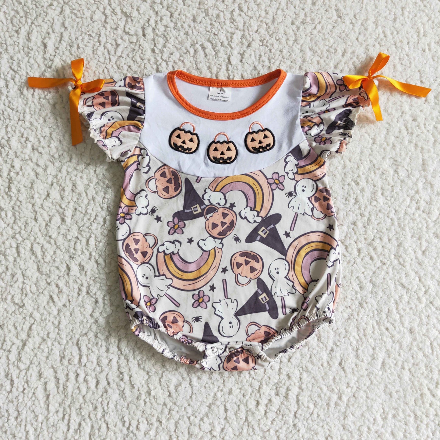 RTS halloween pumpkin short bow sleeve baby girl bubble romper 0924