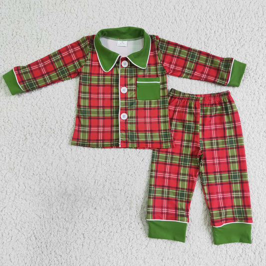 RTS merry Christmas green red plaid long sleeve boy pajamas outfit 0818