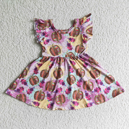 RTS 0718 leopard pumpkin purple floral flower halloween short sleeve girl dress