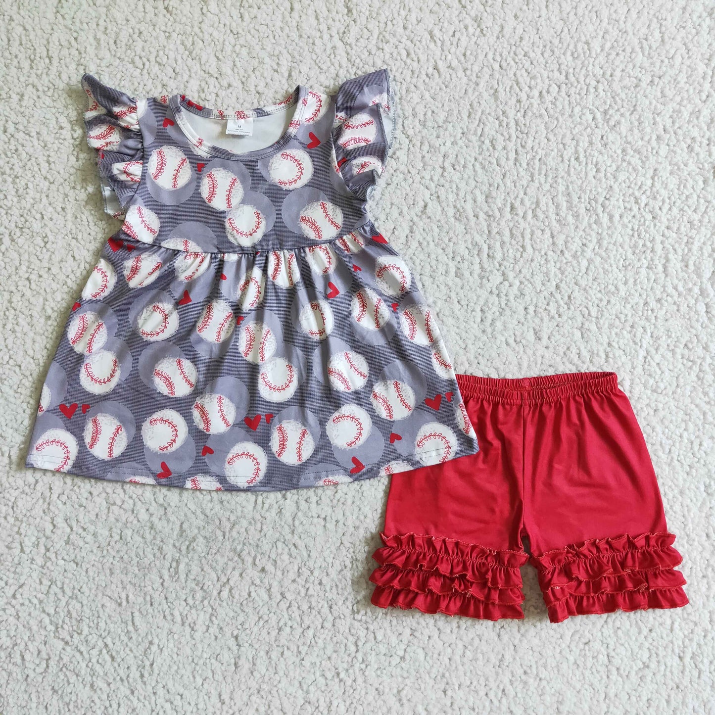 A10-5-1 baceball print summer GIRL clothes short sleeve RED shorts outfits 0722 RTS