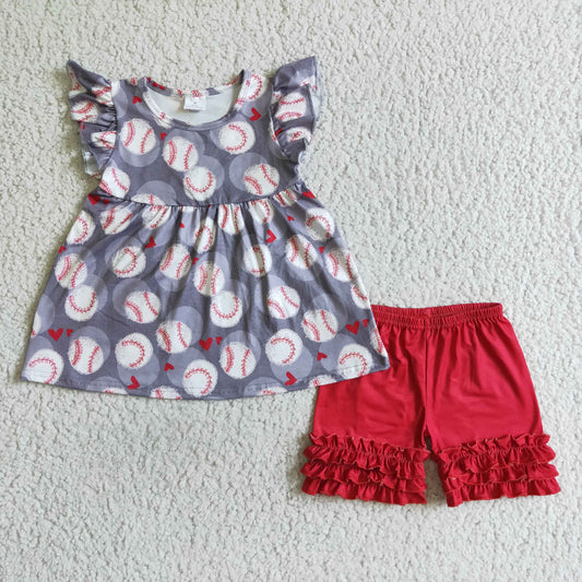 A10-5-1 baceball print summer GIRL clothes short sleeve RED shorts outfits 0722 RTS