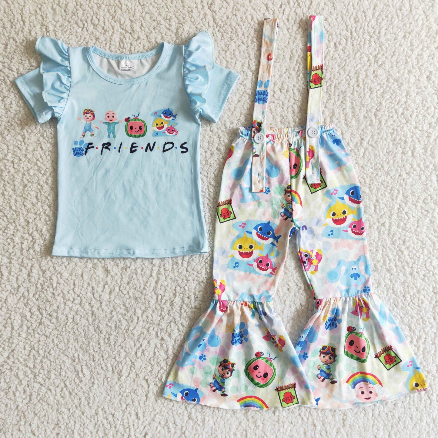girl blue cartoon friends short ruffles sleeve overall outfits 0314