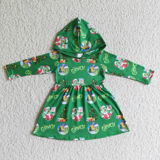promotion RTS 6 B10-24 green grin Christmas hoodie long sleeve girl dress 0725