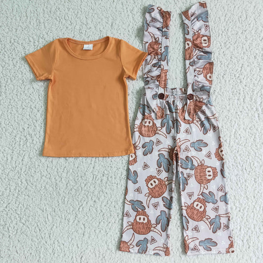 GSPO0096  RTS 0614 ruffle sleeves dress orange pants cow cactus ruffle overall suspender pants girl outfit