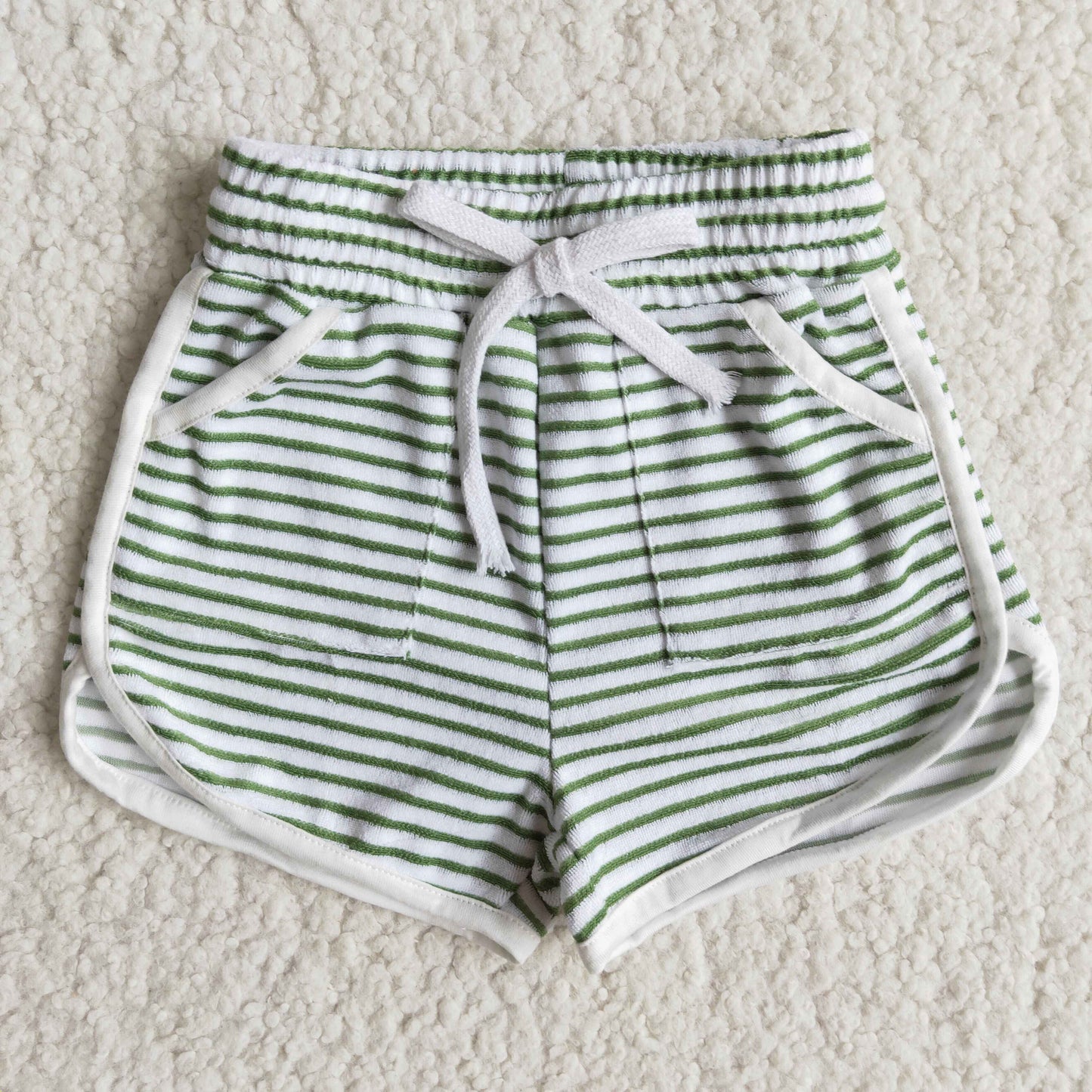 green white stripe pocket girls towel fabric sports shorts 0124