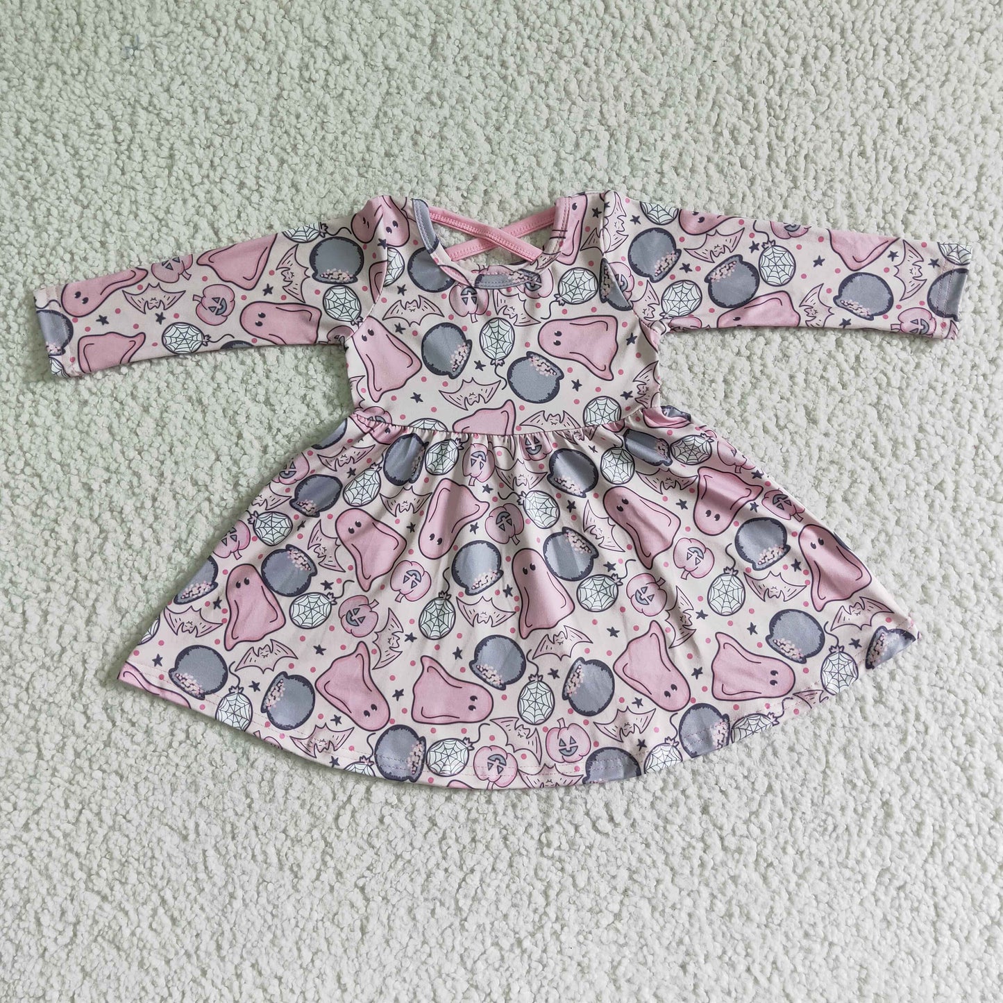 pink ghost pumpkin halloween long sleeve girl dress 0629