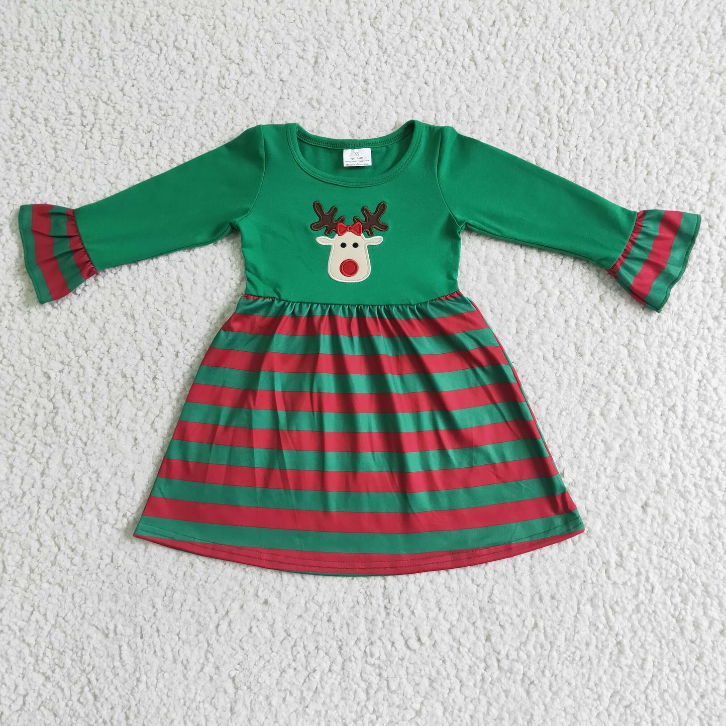 RTS embroidery long flare sleeve green top elk deer print red stripe ruffle pants girl dress Christmas 0709 RTS