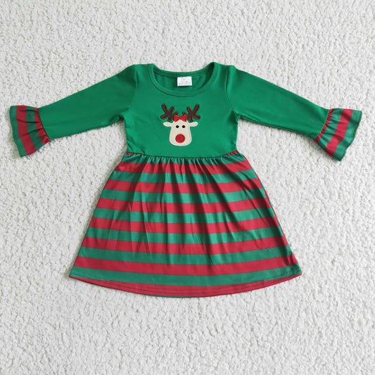 RTS embroidery long flare sleeve green top elk deer print red stripe ruffle pants girl dress Christmas 0709 RTS