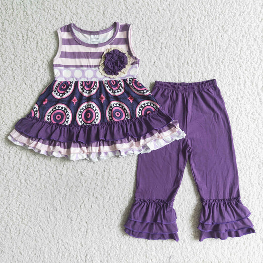 C2-5 purple ruffle flower sleeveless stripe top cotton ruffle pants girl outfit 0715 RTS