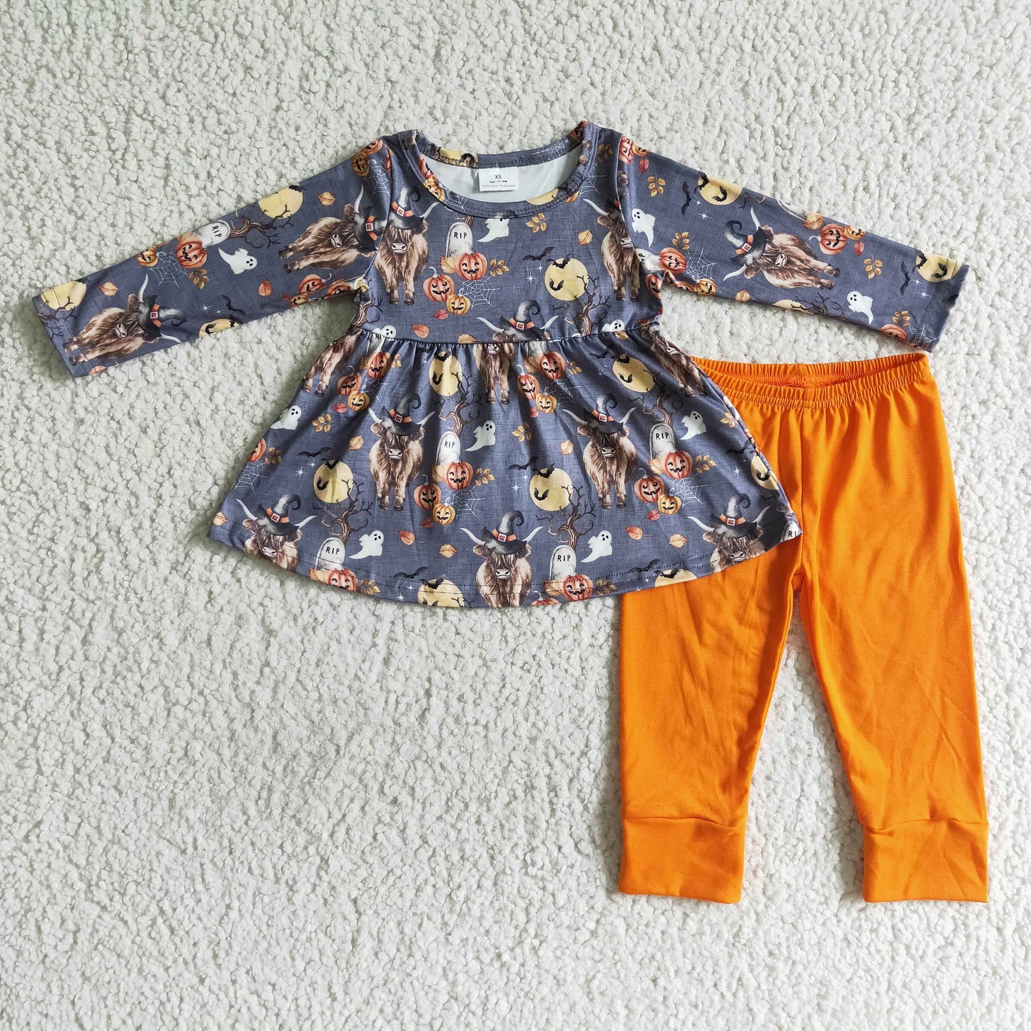 GLP0112 Promotion 202410 RTS halloween pumpkin moon white head cow long sleeve orange long legging girl outfit