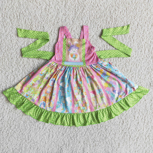 promotion RTS A16-13 cartoon lovely rabbit belt green dot lace patchwork sleeveless dress
