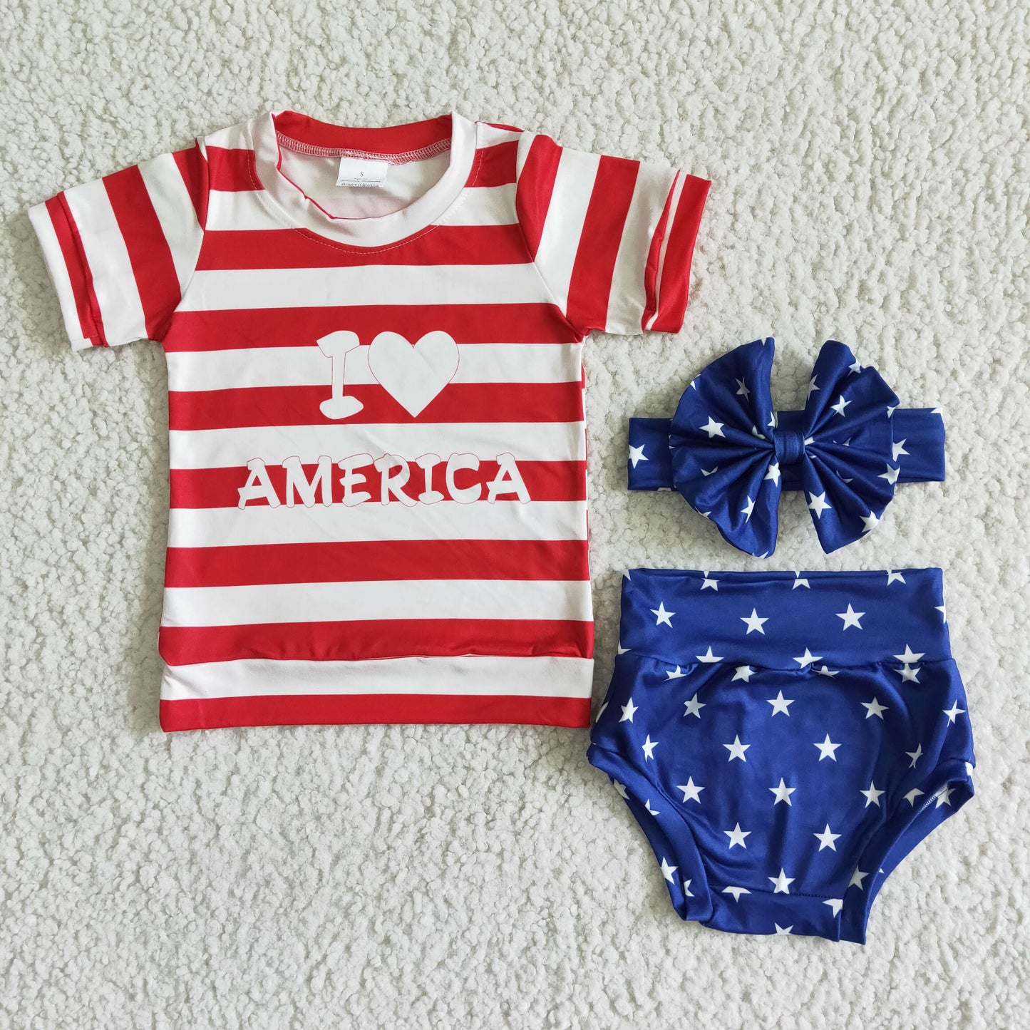 I love America letters red white stripes stars summer girl bummie set headband 3pcs outfits 0410