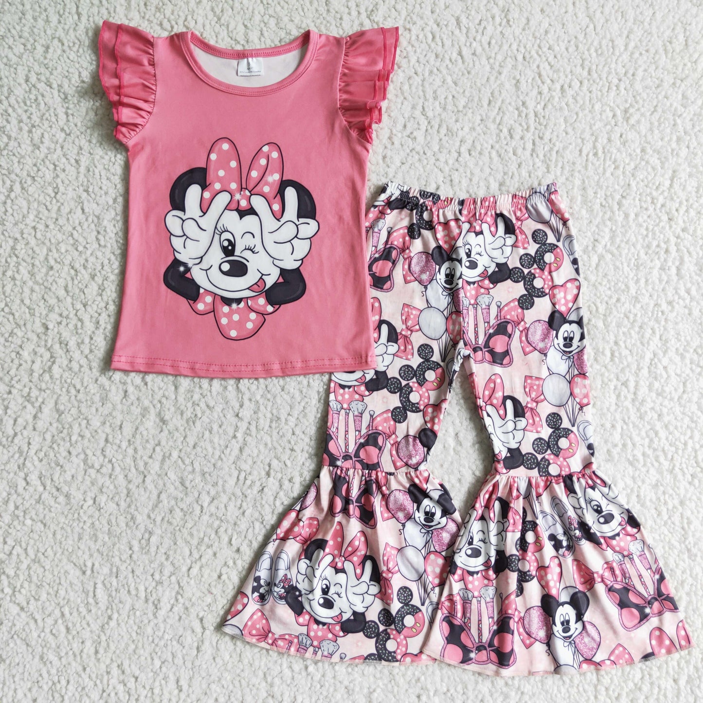 GSPO0092 promotion RTS cartoon mouse bow love heart pink short sleeve bell bottom girl outfits 0608