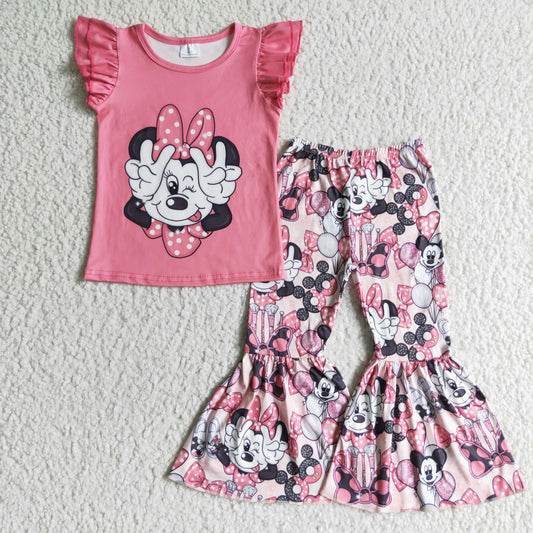 GSPO0092 promotion RTS cartoon mouse bow love heart  pink short sleeve bell bottom girl outfits 0608