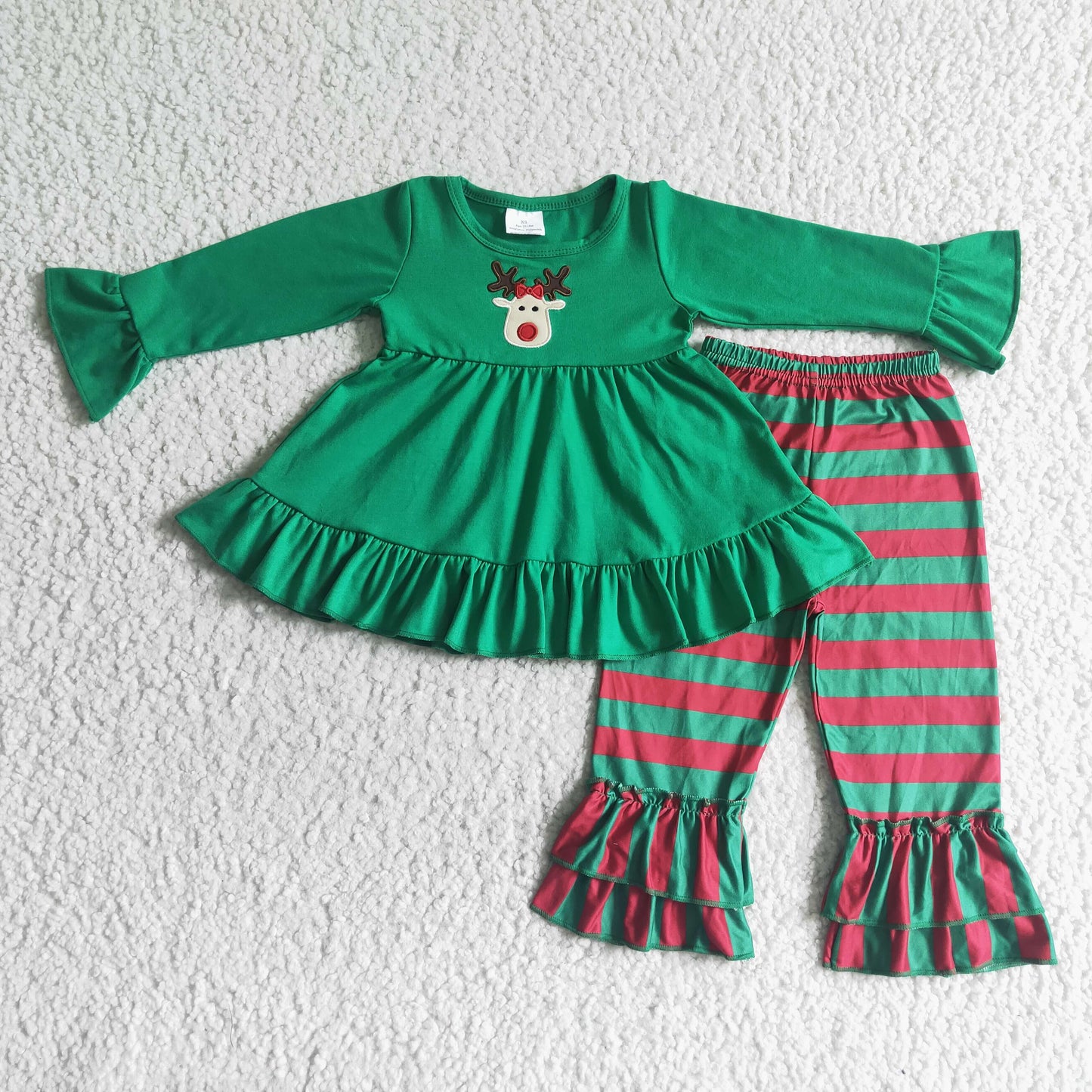 RTS long sleeve green top elk deer print red stripe ruffle pants girl outfit embroidery Christmas 0705