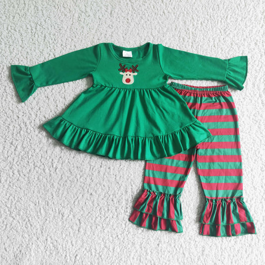 RTS long sleeve green top elk deer print red stripe ruffle pants girl outfit embroidery Christmas 0705
