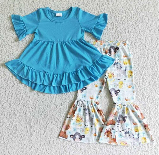 RTS blue ruffle short sleeve horse cow animal farm bell bottom pants girl outfit 0706