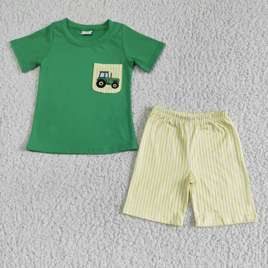 promotion RTS BSSO0058  green tractor short sleeve boy plaid shorts summer outfit pocket boy summer outfit 1228