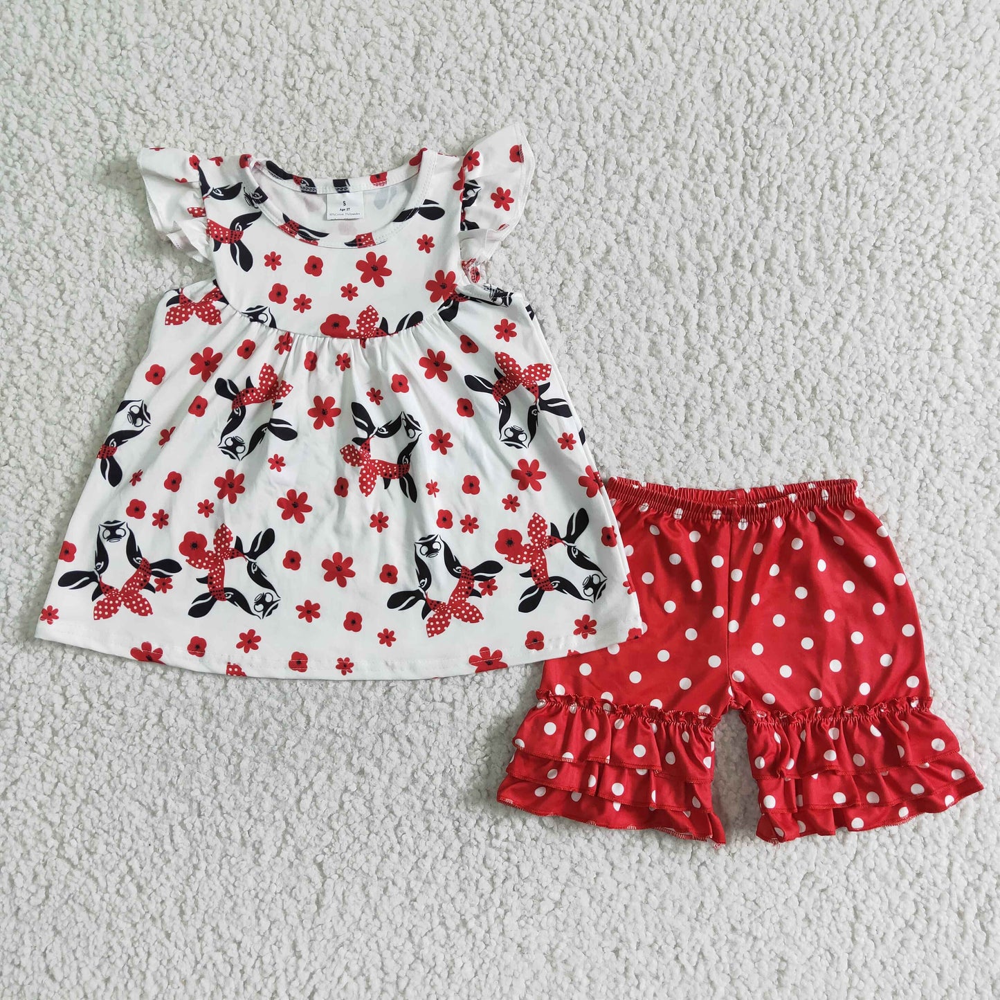 promotion RTS Cow flower puffy red Polka Dots ruffles girl short sleeve shorts outfits 0510
