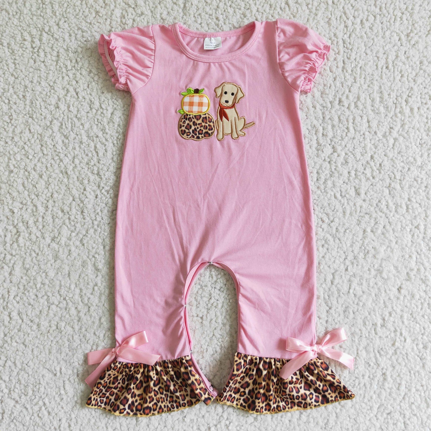 RTS 0729 pink long sleeve dog orange pumpkin embroidered leopard ruffle girl romper