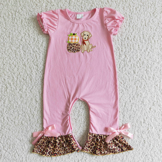 RTS 0729 pink long sleeve dog orange pumpkin embroidered leopard ruffle girl romper