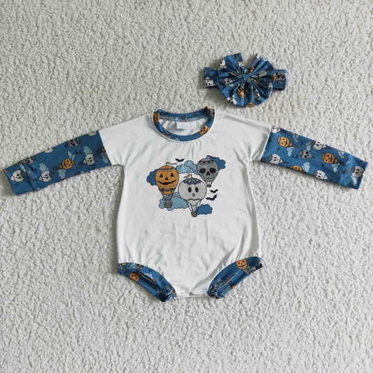 LR0125 RTS (headband pls choose below ) white blue pumpkin skull long sleeve baby girl boy bubble romper 0901