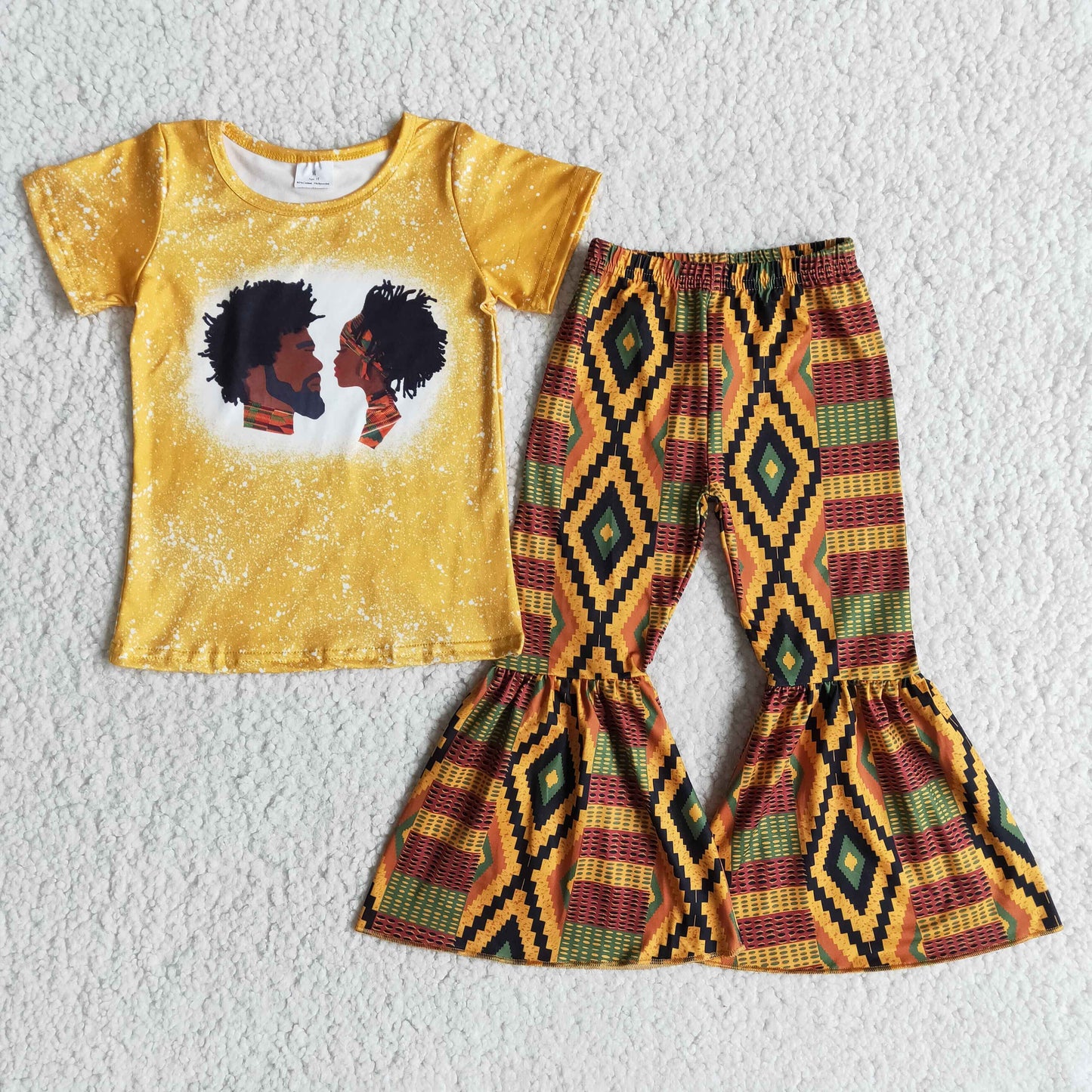 juneteenth Black History Month girl black yellow rhombus short sleeve bell bottom Africa girl outfit Jan0114